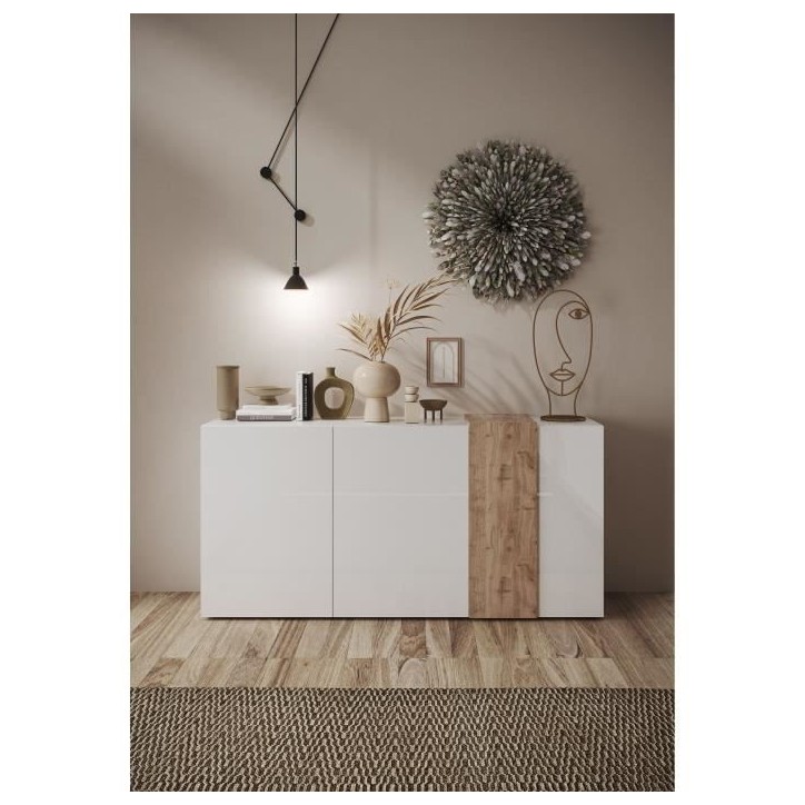 Buffet 3 Portes VENEZIA - Blanc laqué brillant et chene Cadiz - L 181 x P 44 x H 84 cm Buffet 3 Portes VENEZIA - Blanc laqué brillant et chene Cadiz - L 181 x P 44 x H 84 cm