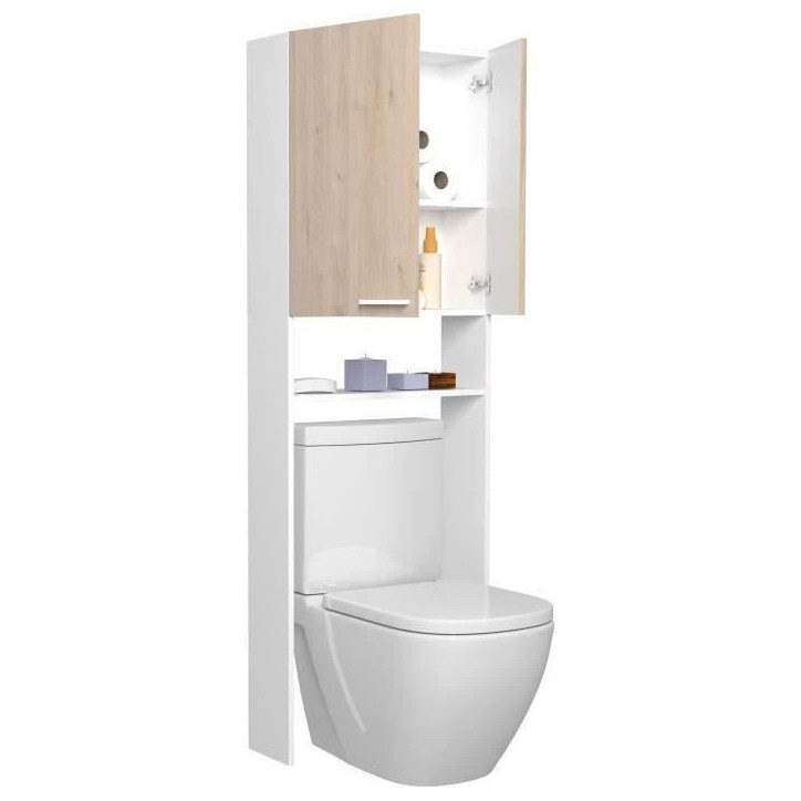 Colonne sanitaire / WC - Décor Chene et Blanc - 2 portes - Salle de bain / buanderie - L64,2 x P21,8 x H184 cm - WOODY