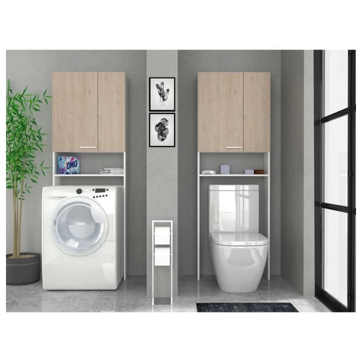 Colonne sanitaire / WC - Décor Chene et Blanc - 2 portes - Salle de bain / buanderie - L64,2 x P21,8 x H184 cm - WOODY