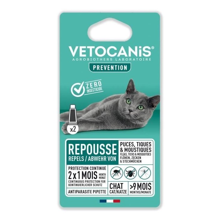 VETOCANIS Pipettes Anti Puces, Tiques, Moustiques, pour Chaton - 2 pipettes