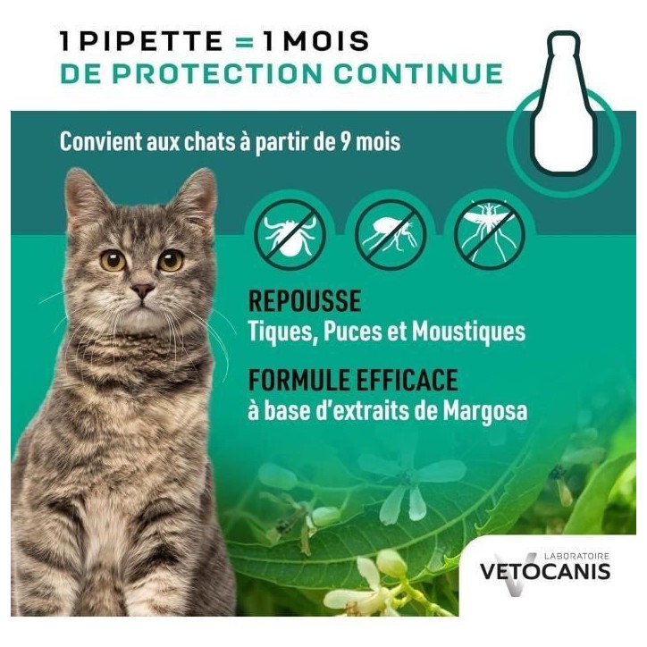 Anti-parasitaire - VETOCANIS - Pipettes Anti-Puces Anti-Tiques Anti-Moustiques Répulsives pour Chat