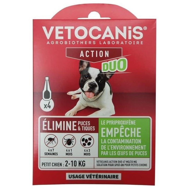Pipettes - VETOCANIS - x4 Pipettes Anti-puces et tiques Duo 67mg/20mg pour Petits Chiens