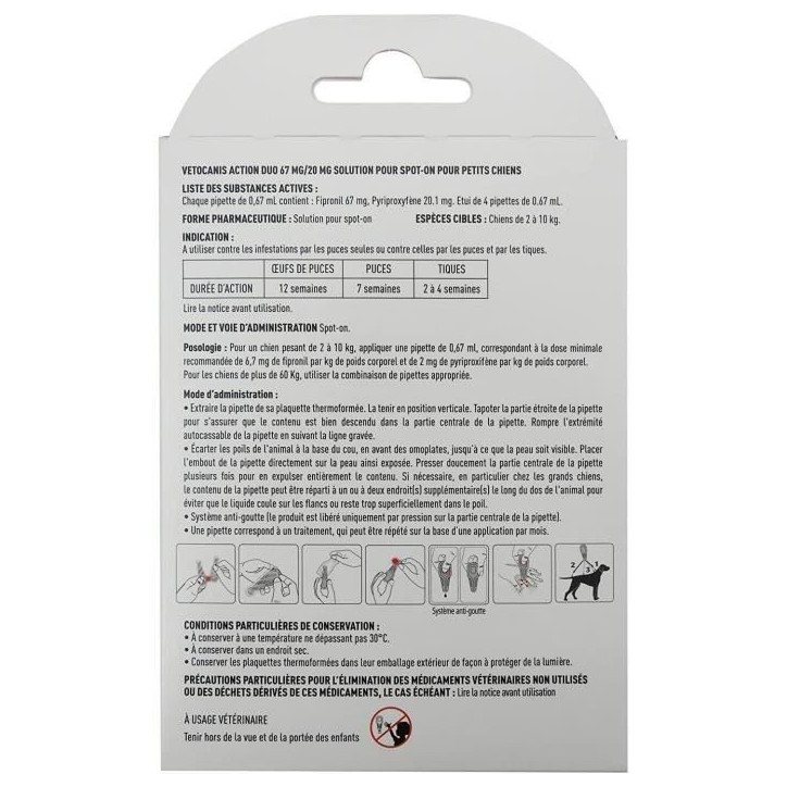 Pipettes - VETOCANIS - x4 Pipettes Anti-puces et tiques Duo 67mg/20mg pour Petits Chiens