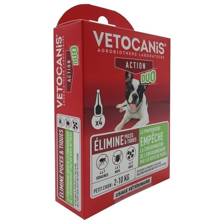Pipettes - VETOCANIS - x4 Pipettes Anti-puces et tiques Duo 67mg/20mg pour Petits Chiens