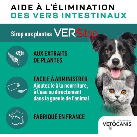 Sirop aide a l'hygiene digestive - VETOCANIS - VERSTOP - Pour Chien et Chat - 125 ml