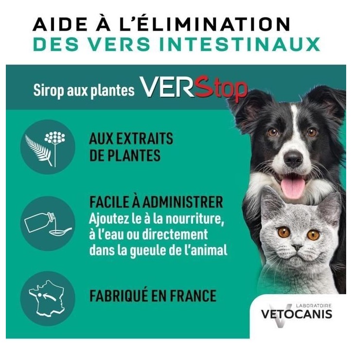 Sirop aide a l'hygiene digestive - VETOCANIS - VERSTOP - Pour Chien et Chat - 125 ml