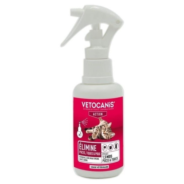 Spray Fipronil anti-puces et tiques - VETOCANIS - 2,5 mg pour Chien et Chat - 100ml Spray Fipronil anti-puces et tiques - VETOCANIS - 2,5 mg pour Chien et Chat - 100ml