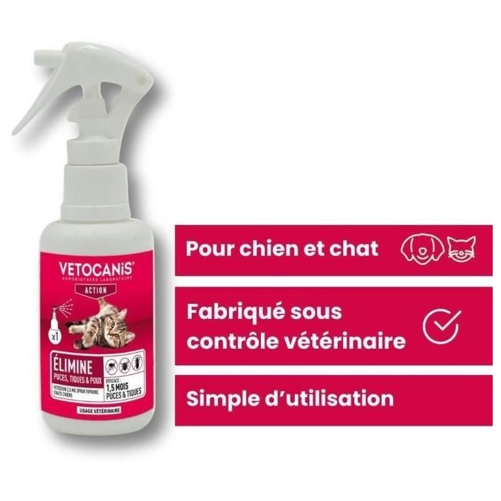 Spray Fipronil anti-puces et tiques - VETOCANIS - 2,5 mg pour Chien et Chat - 100ml Spray Fipronil anti-puces et tiques - VETOCANIS - 2,5 mg pour Chien et Chat - 100ml