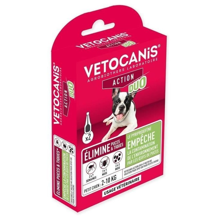 Pipettes antiparasitaire - VETOCANIS - Pipettes Action Duo 67mg/20mg Solution pour Petits Chiens