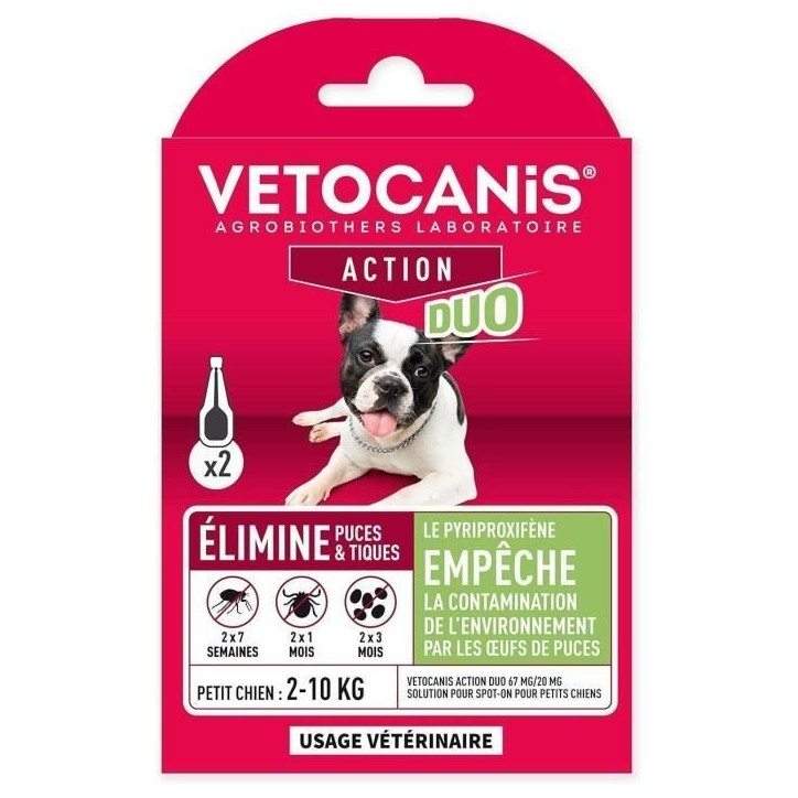 Pipettes antiparasitaire - VETOCANIS - Pipettes Action Duo 67mg/20mg Solution pour Petits Chiens