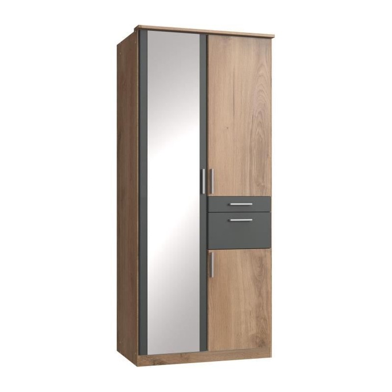 Armoire Décor Chene & Graphite - 3 portes battantes - Miroir - 2 tiro Armoire Décor Chene & Graphite - 3 portes battantes - Miroir - 2 tiro