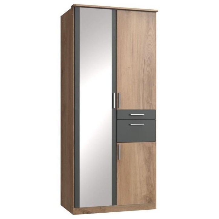 Armoire Décor Chene & Graphite - 3 portes battantes - Miroir - 2 tiroirs - L90 x P58 x H199 cm - VOLOS Armoire Décor Chene & Graphite - 3 portes battantes - Miroir - 2 tiroirs - L90 x P58 x H199 cm - VOLOS