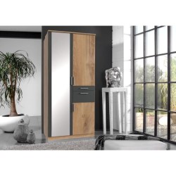 Armoire Décor Chene & Graphite - 3 portes battantes - Miroir - 2 tiro