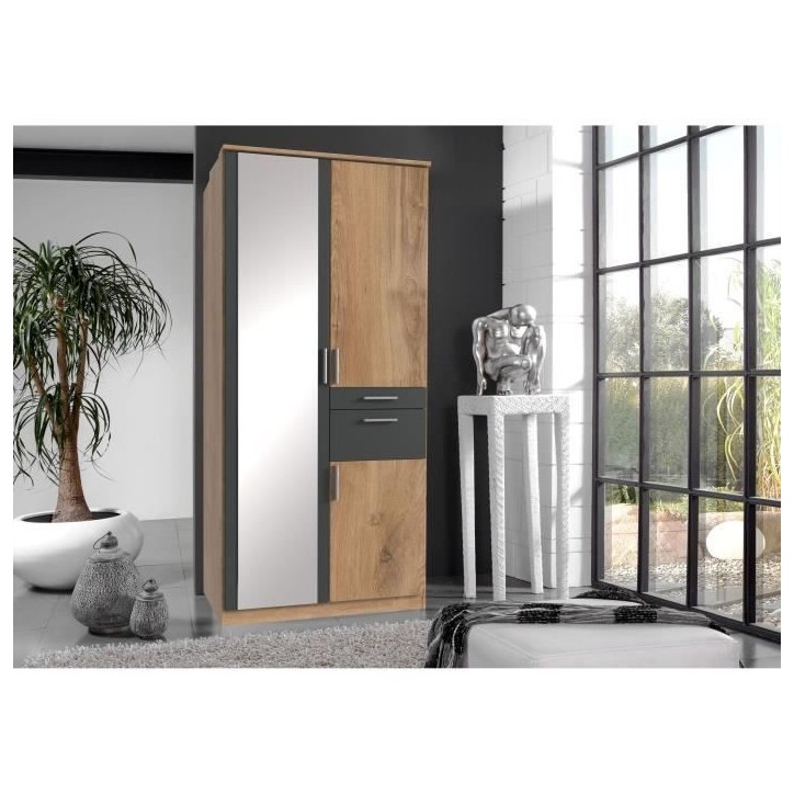 Armoire Décor Chene & Graphite - 3 portes battantes - Miroir - 2 tiroirs - L90 x P58 x H199 cm - VOLOS Armoire Décor Chene & Graphite - 3 portes battantes - Miroir - 2 tiroirs - L90 x P58 x H199 cm - VOLOS