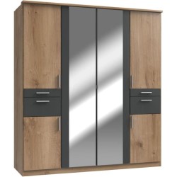 Armoire Décor Chene & Graphite - 6 portes battantes - Miroirs - 4 tir