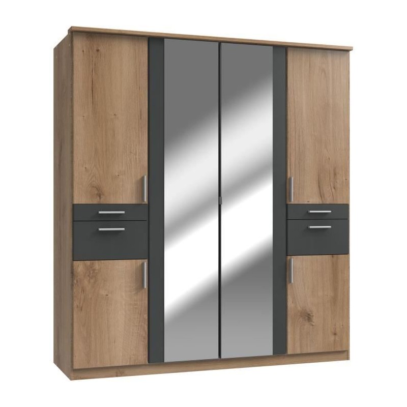Armoire Décor Chene & Graphite - 6 portes battantes - Miroirs - 4 tir Armoire Décor Chene & Graphite - 6 portes battantes - Miroirs - 4 tir