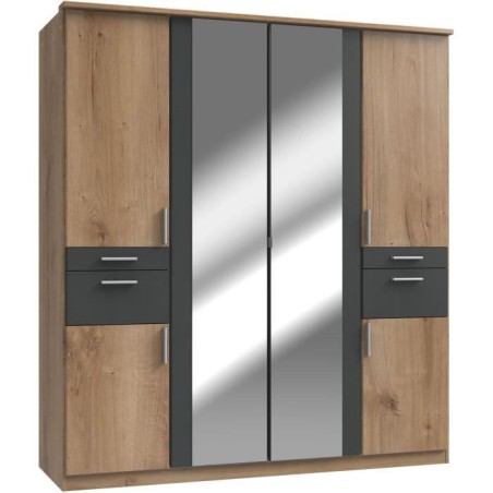 Armoire Décor Chene & Graphite - 6 portes battantes - Miroirs - 4 tir
