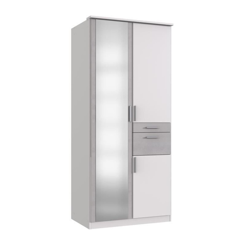 Armoire Décor Blanc & béton gris - 3 portes battantes - Miroir - 2 t Armoire Décor Blanc & béton gris - 3 portes battantes - Miroir - 2 t