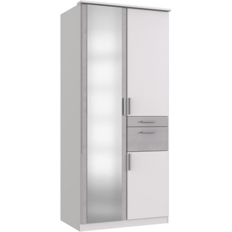 Armoire Décor Blanc & béton gris - 3 portes battantes - Miroir - 2 t