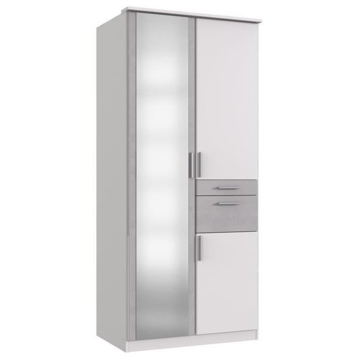 Armoire Décor Blanc & béton gris - 3 portes battantes - Miroir - 2 tiroirs - L90 x P58 x H199 cm - VOLOS Armoire Décor Blanc & béton gris - 3 portes battantes - Miroir - 2 tiroirs - L90 x P58 x H199 cm - VOLOS