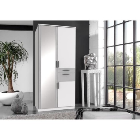 Armoire Décor Blanc & béton gris - 3 portes battantes - Miroir - 2 tiroirs - L90 x P58 x H199 cm - VOLOS