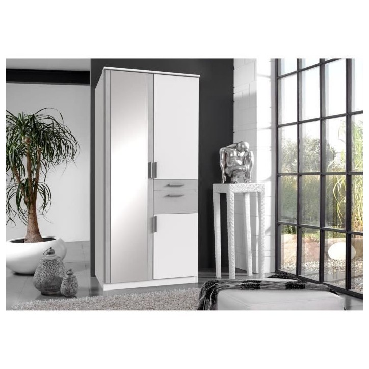 Armoire Décor Blanc & béton gris - 3 portes battantes - Miroir - 2 tiroirs - L90 x P58 x H199 cm - VOLOS Armoire Décor Blanc & béton gris - 3 portes battantes - Miroir - 2 tiroirs - L90 x P58 x H199 cm - VOLOS