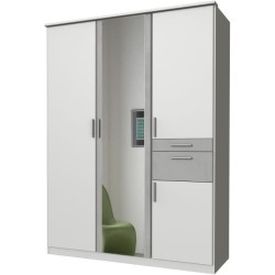 Armoire Décor Blanc & Gris béton - 4 portes battantes - Miroir - 2 t
