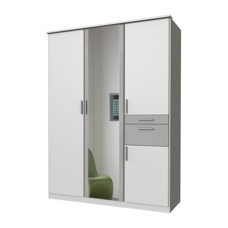 Armoire Décor Blanc & Gris béton - 4 portes battantes - Miroir - 2 t Armoire Décor Blanc & Gris béton - 4 portes battantes - Miroir - 2 t