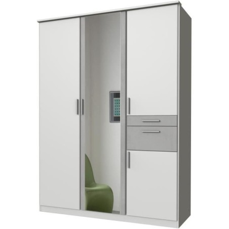 Armoire Décor Blanc & Gris béton - 4 portes battantes - Miroir - 2 t