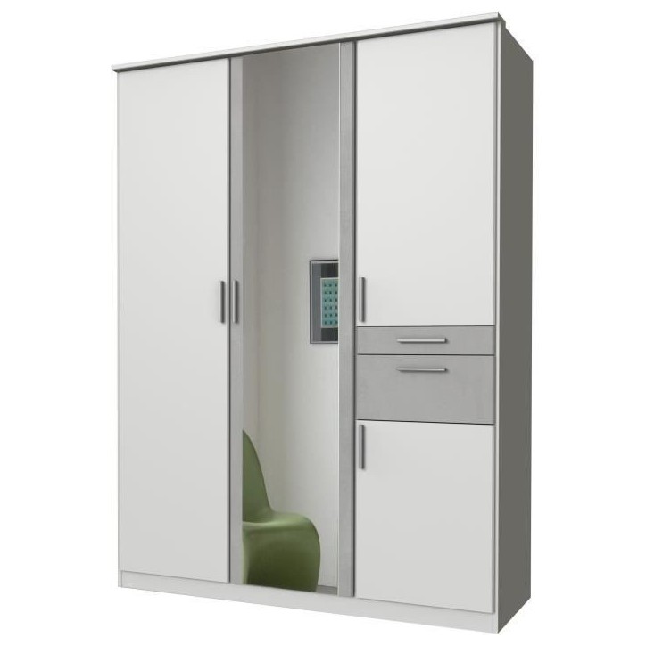 Armoire Décor Blanc & Gris béton - 4 portes battantes - Miroir - 2 tiroirs - L135 x P58 x H199 cm - VOLOS Armoire Décor Blanc & Gris béton - 4 portes battantes - Miroir - 2 tiroirs - L135 x P58 x H199 cm - VOLOS