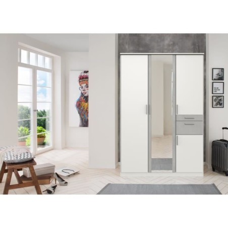 Armoire Décor Blanc & Gris béton - 4 portes battantes - Miroir - 2 tiroirs - L135 x P58 x H199 cm - VOLOS