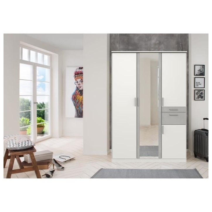 Armoire Décor Blanc & Gris béton - 4 portes battantes - Miroir - 2 tiroirs - L135 x P58 x H199 cm - VOLOS Armoire Décor Blanc & Gris béton - 4 portes battantes - Miroir - 2 tiroirs - L135 x P58 x H199 cm - VOLOS
