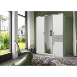 Armoire Décor Blanc & Gris béton - 4 portes battantes - Miroir - 2 t