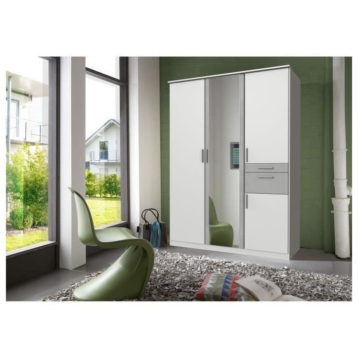 Armoire Décor Blanc & Gris béton - 4 portes battantes - Miroir - 2 tiroirs - L135 x P58 x H199 cm - VOLOS Armoire Décor Blanc & Gris béton - 4 portes battantes - Miroir - 2 tiroirs - L135 x P58 x H199 cm - VOLOS