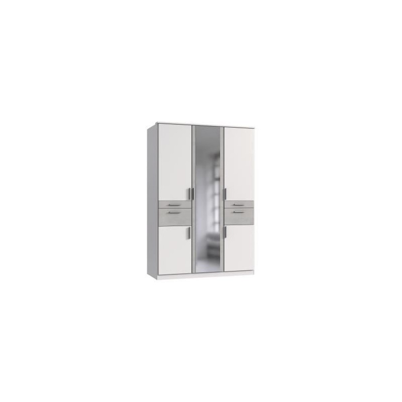 Armoire Décor Blanc & Gris béton - 5 portes battantes - Miroir - 4 t Armoire Décor Blanc & Gris béton - 5 portes battantes - Miroir - 4 t