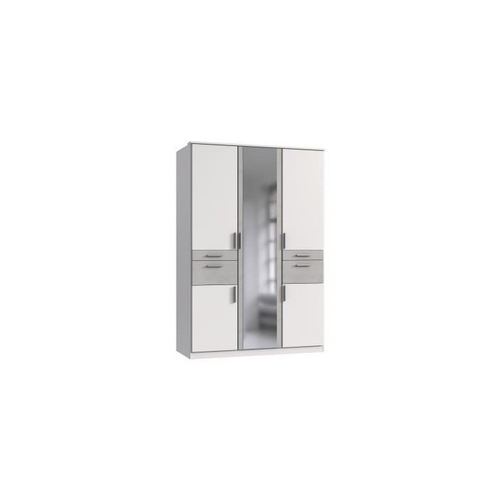 Armoire Décor Blanc & Gris béton - 5 portes battantes - Miroir - 4 tiroirs - L135 x P58 x H199 cm - VOLOS