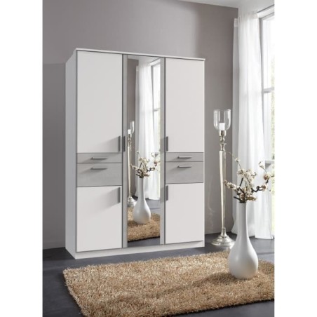 Armoire Décor Blanc & Gris béton - 5 portes battantes - Miroir - 4 tiroirs - L135 x P58 x H199 cm - VOLOS