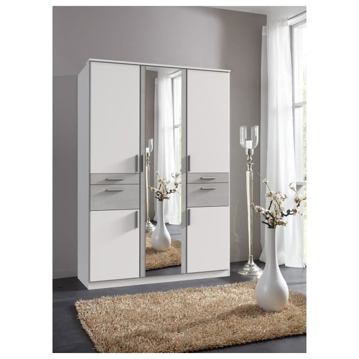 Armoire Décor Blanc & Gris béton - 5 portes battantes - Miroir - 4 tiroirs - L135 x P58 x H199 cm - VOLOS