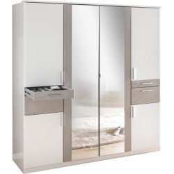 Armoire Décor Blanc & Gris béton - 6 portes battantes - Miroirs - 4