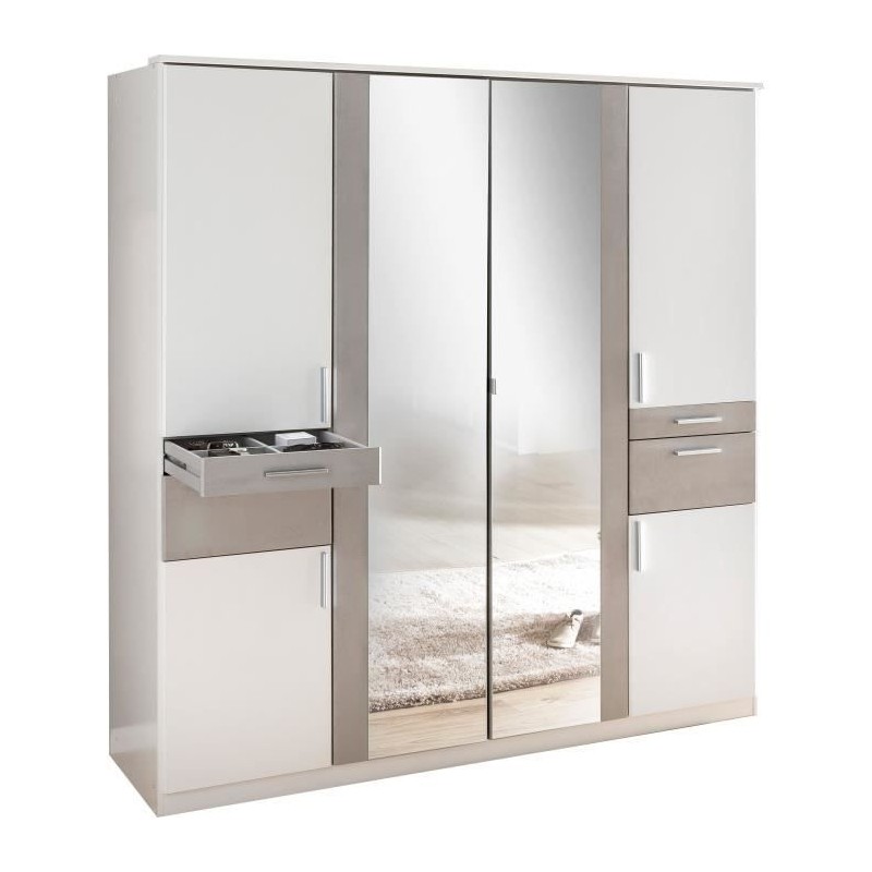 Armoire Décor Blanc & Gris béton - 6 portes battantes - Miroirs - 4 Armoire Décor Blanc & Gris béton - 6 portes battantes - Miroirs - 4