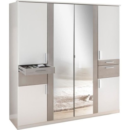 Armoire Décor Blanc & Gris béton - 6 portes battantes - Miroirs - 4