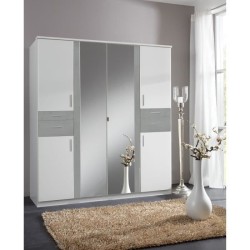 Armoire Décor Blanc & Gris béton - 6 portes battantes - Miroirs - 4