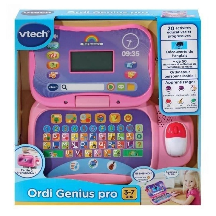 Ordinateur éducatif VTECH ORDI GENIUS PRO ROSE pour enfants de 3 a 7 ans avec souris et 20 activités incluses