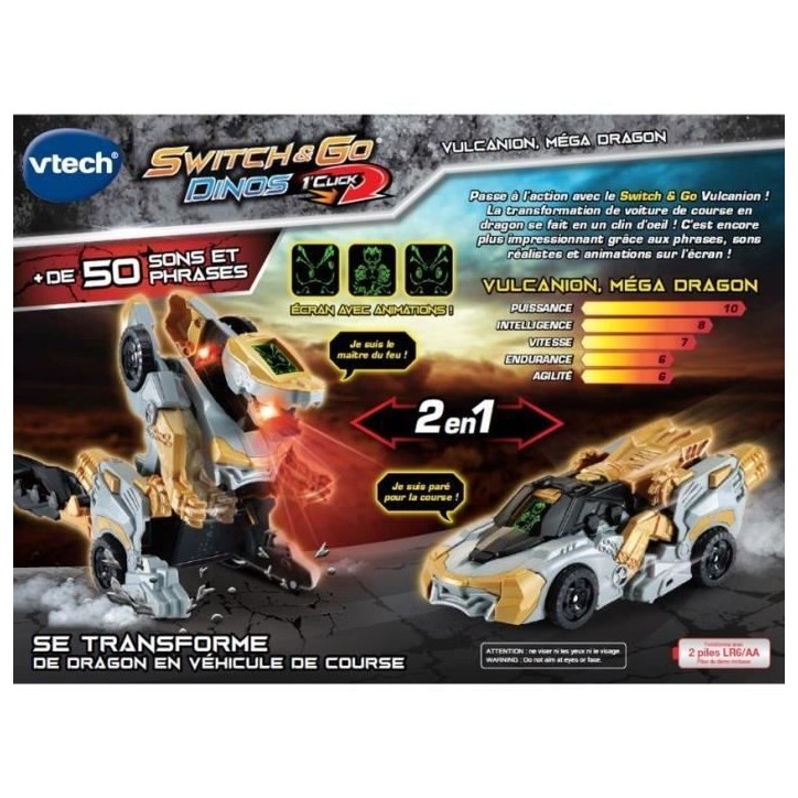 VTECH - Switch & Go Dinos - 1'Click - Vulcanion, Méga Dragon - Enfant - Pile - Marron, noir et gris VTECH - Switch & Go Dinos - 1'Click - Vulcanion, Méga Dragon - Enfant - Pile - Marron, noir et gris