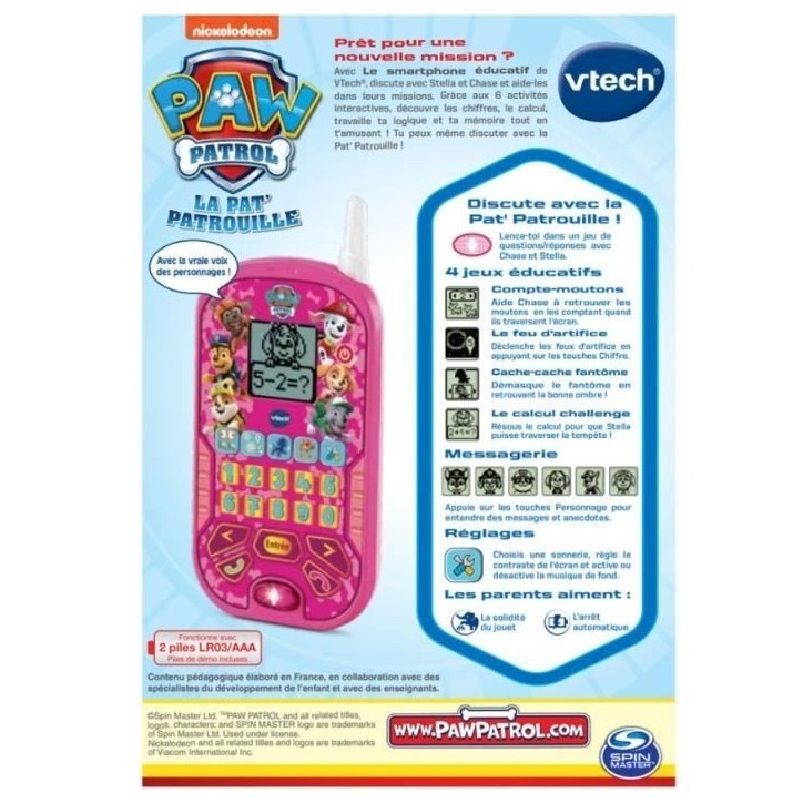 VTECH - PAT PATROUILLE - Smartphone Éducatif Rose - 6 activités éducatives - Appels et messages vocaux VTECH - PAT PATROUILLE - Smartphone Éducatif Rose - 6 activités éducatives - Appels et messages vocaux