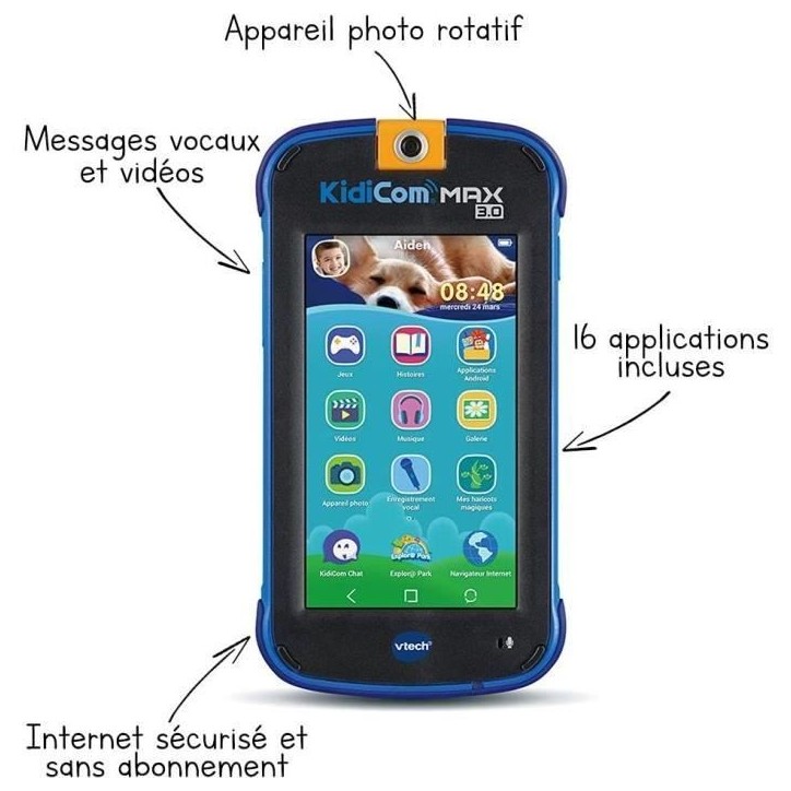 VTECH - Kidicom Max 3.0 - Portable enfant performant - 16 applications/jeux - 8 Go - Bleu