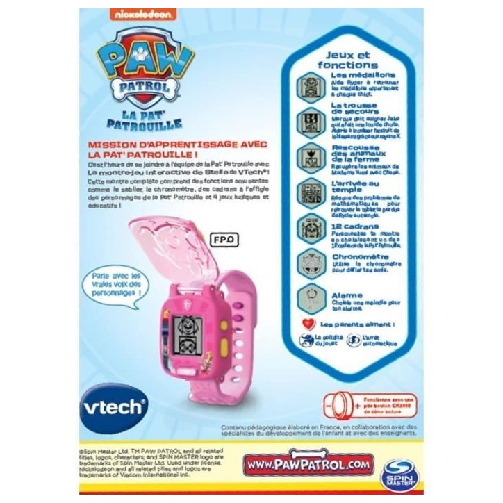 Montre-Jeu Interactive de Stella - VTECH - Pat'Patrouille - Ecran animé - 4 jeux - 12 cadrans - Rose