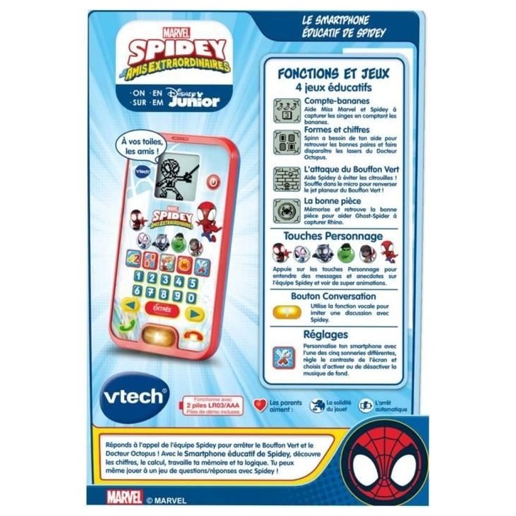VTECH - SPIDEY - Le Smartphone Éducatif de Spidey - Enfant - Rouge - Mixte - 3 ans - Pile
