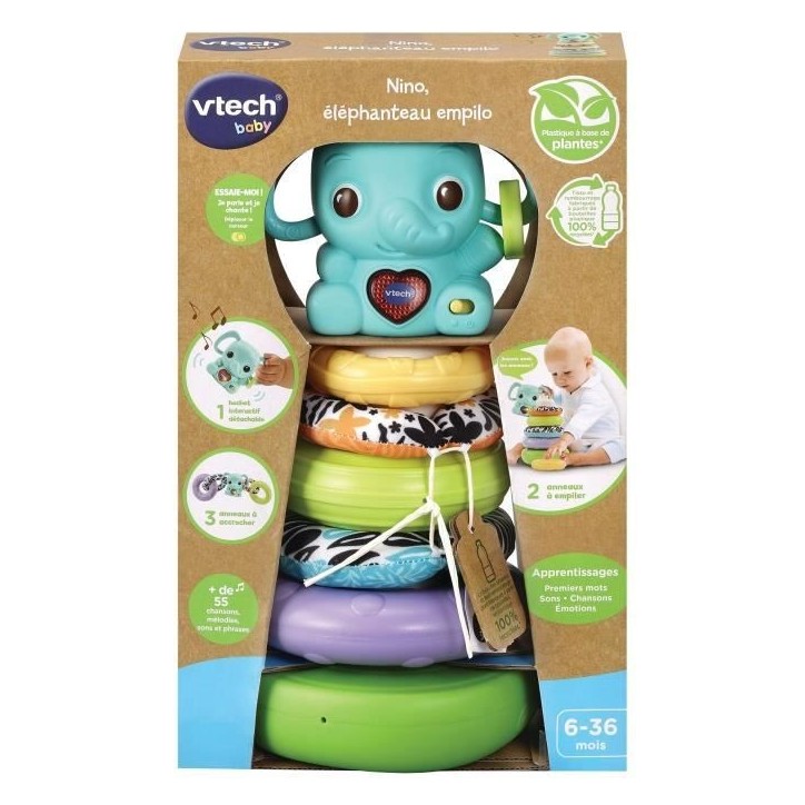 VTECH BABY - Play Green - Nino, Éléphanteau Empilo 3 en 1 (Plastique Bio Sourcé) VTECH BABY - Play Green - Nino, Éléphanteau Empilo 3 en 1 (Plastique Bio Sourcé)