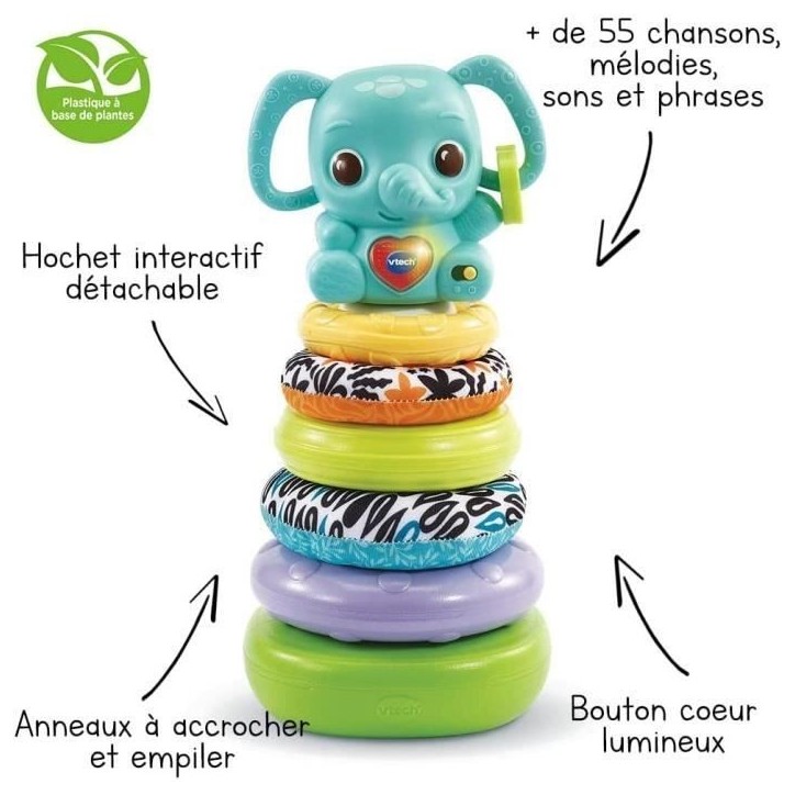 VTECH BABY - Play Green - Nino, Éléphanteau Empilo 3 en 1 (Plastique Bio Sourcé) VTECH BABY - Play Green - Nino, Éléphanteau Empilo 3 en 1 (Plastique Bio Sourcé)